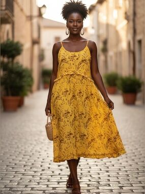 Misslook XXL yellow floral ruffled lace spaghetti strap full skirt midi dress‎